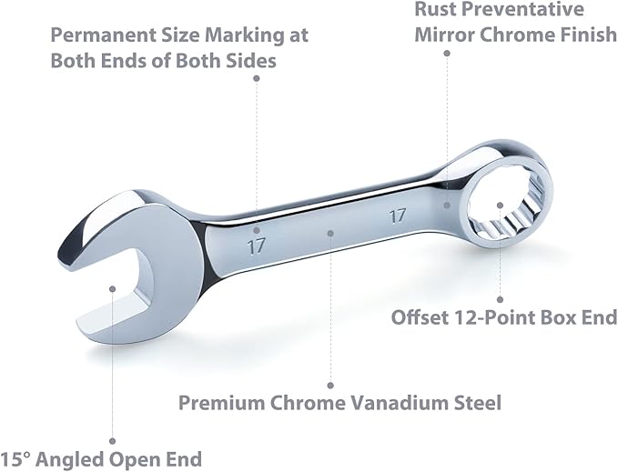 20-Piece Metric and SAE Premium Stubby Combination Wrench Set with Storage Rack | Metric 10mm to 19mm, SAE 5/16” to 7/8”, No Skipped Size | Cr-V Steel, Mirror Chrome Finish, Short Length and Slim Body