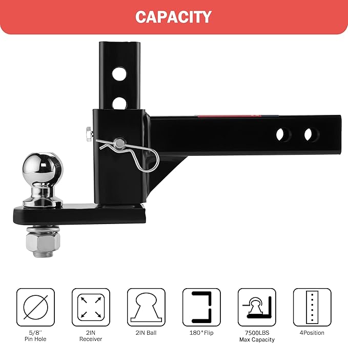 OPENROAD Adjustable Trailer Hitch Ball Mount Fits 2-Inch Receiver, 2’’ Ball 7500LBS, 6 7/8" Drop/ 5 1/2" Rise Drop Hitch, Hitch for Heavy Duty Truck with Pins