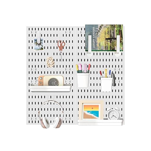 Pegboard Combination Wall Organizer Kit，4 Pegboards & 20 Accessories, Mount Display Pegboard Panel for Home Office, Gaming Room, Wall Storage,Crafts Organization,12''x12'' Each (White)