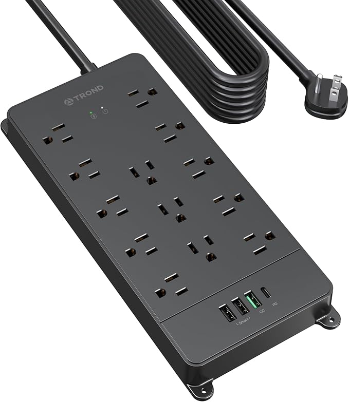 TROND Surge Protector Power Strip 15 ft, Flat Plug Extension Cord with 32W USB C & QC 3.0 Charger, 4000 Joules, ETL Listed, 13 Wide Spaced Outlets, Heavy Duty, Wall Mount for Home Office, Black