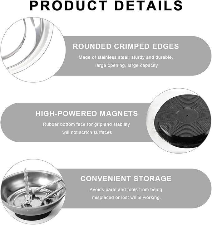 2 PCS Magnetic Parts Tray Set, Stainless Steel 6" Round Magnetic Trays, Mechanic Tool Tray Holder for Screw, Sockets, Bolts, Nuts, Small Metal Parts