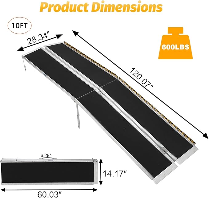 10 FT Portable Wheelchair Ramp for Home Step, Aluminum Handicap Ramp with Support Legs,Non-Skid Surface and Reflective Strips,Weight Capacity 600 LBS