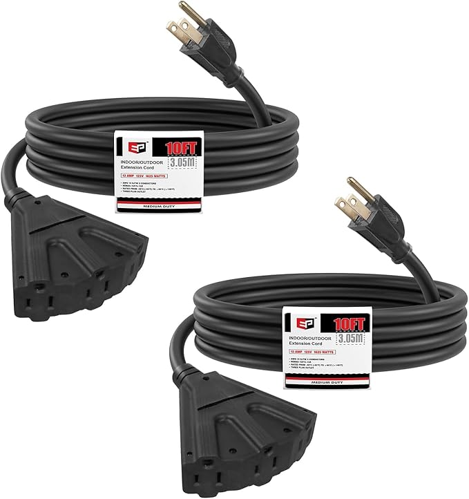 EP 2 Pack 10 Ft Outdoor Extension Cord with 3 Electrical Power Outlets - 16/3 SJTW Black Cable with 3 Prong Grounded Plug for Safety Great for Christmas Lights, Garden and Major Appliances