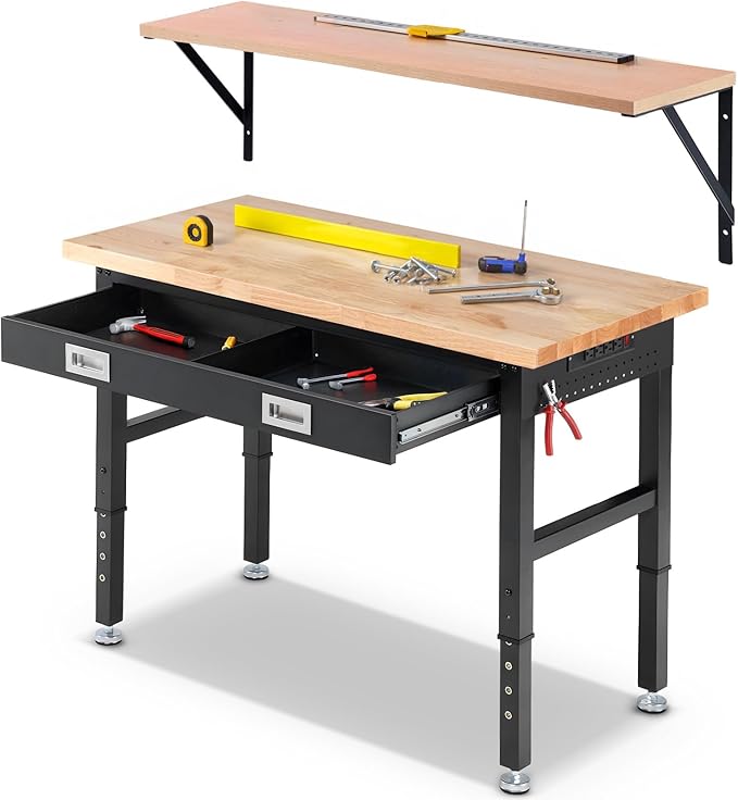 ENJOYWOOD 48" x 24" Heavy Duty Workbench Adjustable Height Garage Work Table with Solid Rubberwood Top, Drawer & Power Outlets for Workshop, Home & Office