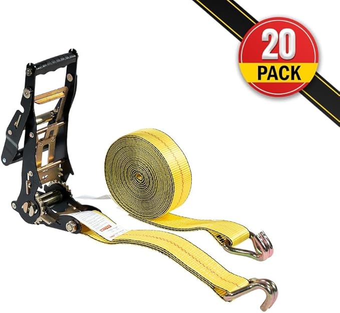 Mytee Products 20 Pack 2" x27' Yellow Ratchet Strap with J Hooks - 10,000 Lbs Breaking Strength -Heavy Duty Tie Down Large Bar Handle and Cargo Straps w/Wire Hooks for Flatbed, Truck, Trailers Pickup