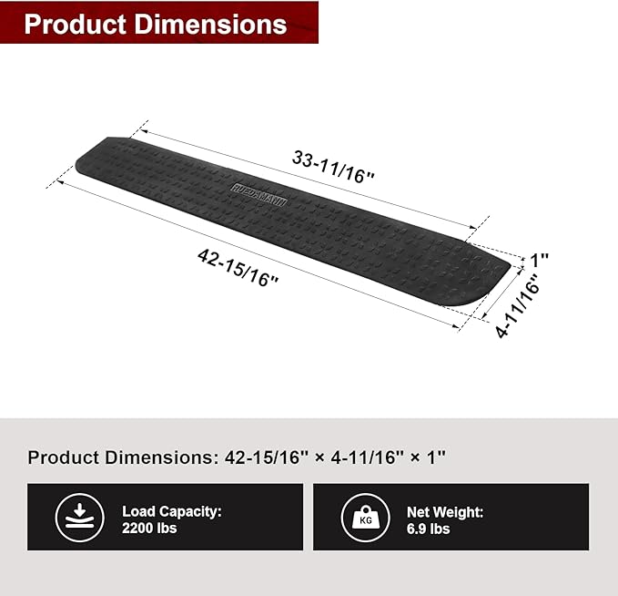 Ruedamann 1" Rise Rubber Threshold Ramp, 42.9" Wide Wheelchair Ramp, 2200 Lbs Capacity, Entry Ramp with Non-Slip Surface, for Wheelchairs, Scooter, Power Chairs, Driveways, Curb