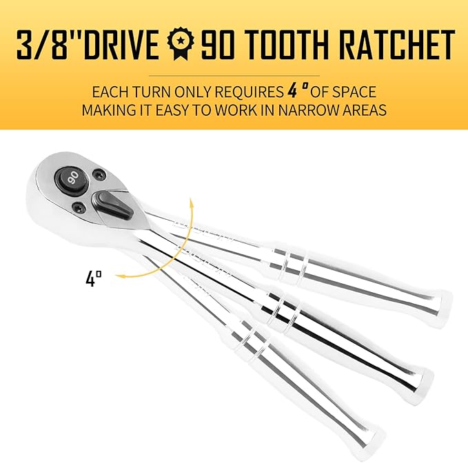 boen 3/8-Inch Drive Ratchet, 90-Tooth Quick-Release Ratchet Wrench, 4-Degree Swing, Reversible, Chrome Alloy Made, Full Polished