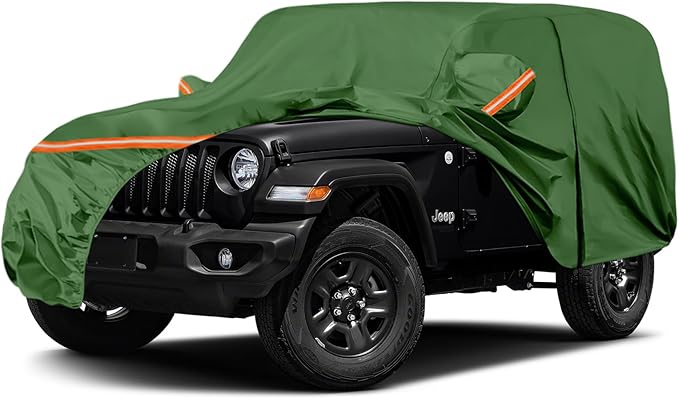 Waterproof Car Covers Replace for 2007-2025 Jeep Wrangler 2 Door, Multilayer Heavy Duty with Cotton Liner All Weather Car Cover with Zipper Door, Windproof Bands for Snow Rain Dust Protection