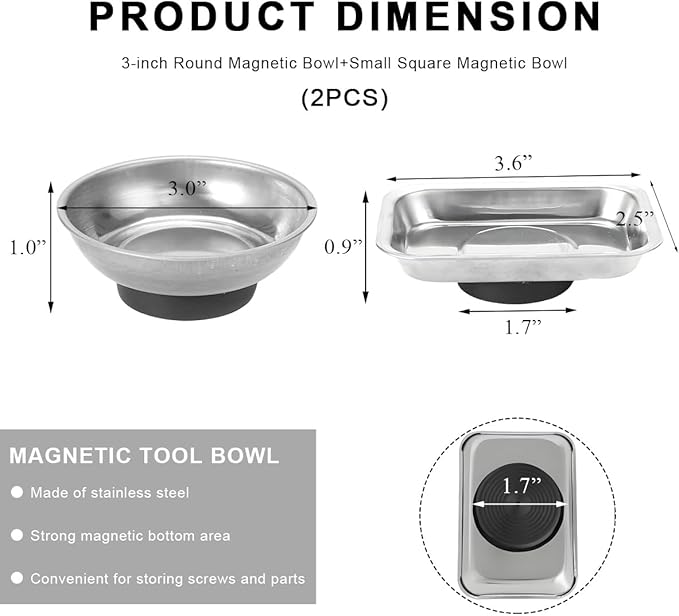 2 PCS Magnetic Parts Tray Set, Stainless Steel 3.6"×2.5" Square and 3" Round Magnetic Trays, Mechanic Tool Tray Holder for Screw, Sockets, Bolts, Nuts, Small Metal Parts