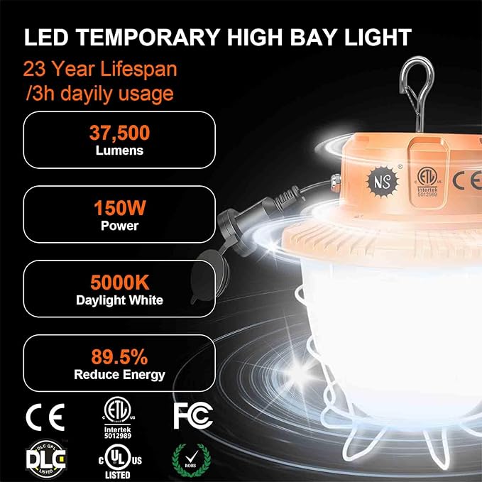 150W Temporary Work Light 360° Area 37500LM 5000K Light for Jobsite, IP65 Hanging Work Light with Hook, 3300 sq.ft Coverage Portable Construction Light for Garage Warehouse Workshop
