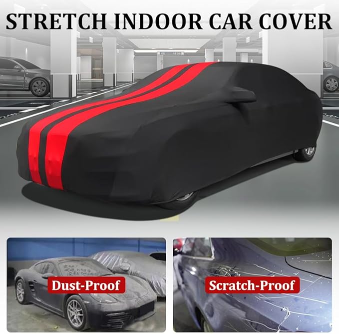 WinPower Indoor Sports Car Cover, Stretch Dustproof Protection Fit 164-181 Inch Full Car Cover for Underground Garage Car Show, Black and Red