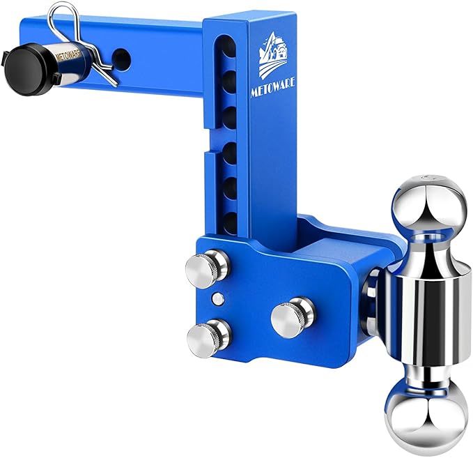 METOWARE Adjustable Trailer Hitches Fits 2 Inch Receiver, Adjustable Ball Mount with 6-Inch Drop/Rise (12,500 LBS GTW), Dual Ball (2" x 2-5/16") and Anti-Theft Stainless Steel Trailer Lock (Blue)