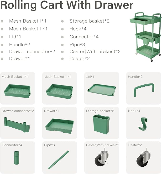 REBECAT 3 Tier Rolling Utility Cart with Drawer,Rolling Storage Cart,Storage Cart for Kitchen,Bathroom,Living Room, Organizer with Iron Wheels(Green)