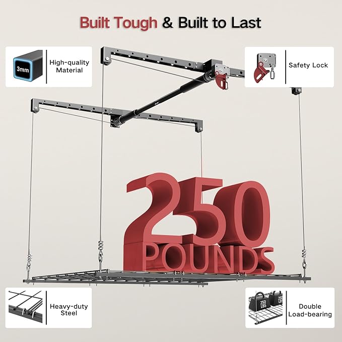 Overhead Garage Storage Lift, 4x4 Ft Ceiling Storage, Heavy-duty Ceiling Mounted Lift System,Ideal for Overhead Space, 250lbs Weight Capacity