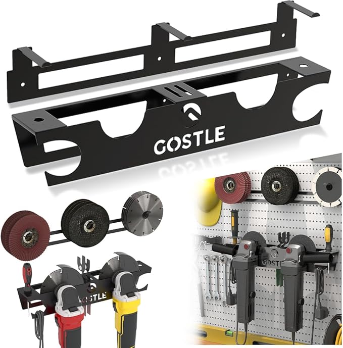 2 Bay Angle Grinder Holder with Discs Hook Rack, Grinders Power Tools Holder Storage Rack, Wall Mount Organizer Bracket for Cutters Polishers with Cord Hanger and Hooks