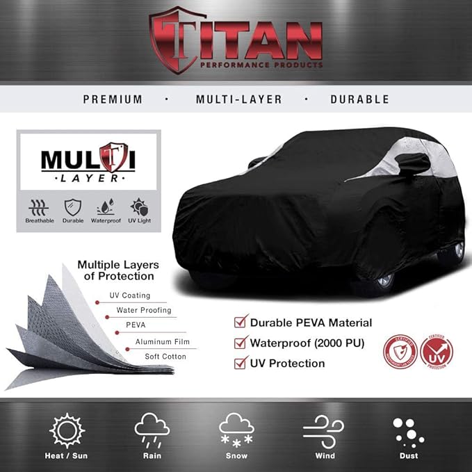 Titan Premium Multi-Layer PEVA Car Cover for Compact SUV 170-187". Waterproof, UV Protection, Anti-Scratch Protective Lining, Driver-Side Zippered Opening. Fits Rav4, Rogue, CR-V and More.