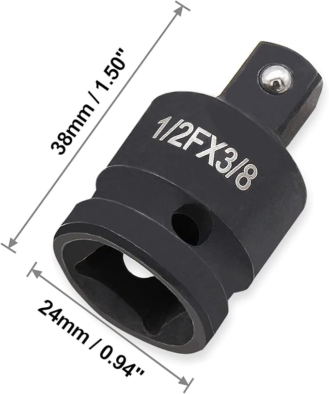 1/2" Drive (Female) x 3/8" (Male) Impact Socket Reducer, CR-MO Steel, Compatible with Air Impact Wrenches, Breaker Bars, Ratchets
