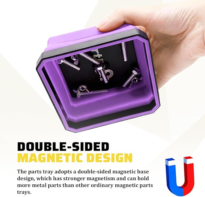Collapsible Magnetic Car Parts Tray, Foldable Silicone Tool Tray with Magnetic Base, Double-Side Magnet Bowl for Auto Bolts, Screws, Nuts, Small Metal Parts, Universal Fit (Purple)
