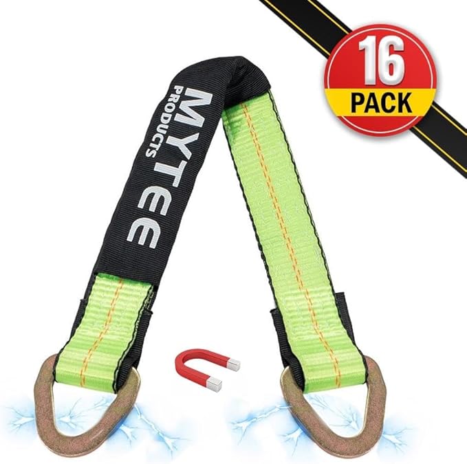 Mytee Products 16 Pack 2" x 36" Heavy Duty Green Tie Down Axle Straps with Magnetic D-Ring and 12" Protective Sleeve, 10,000LBS Capacity - for Car Trailer Hauler Tow Truck Wrecker Tie Down Strap