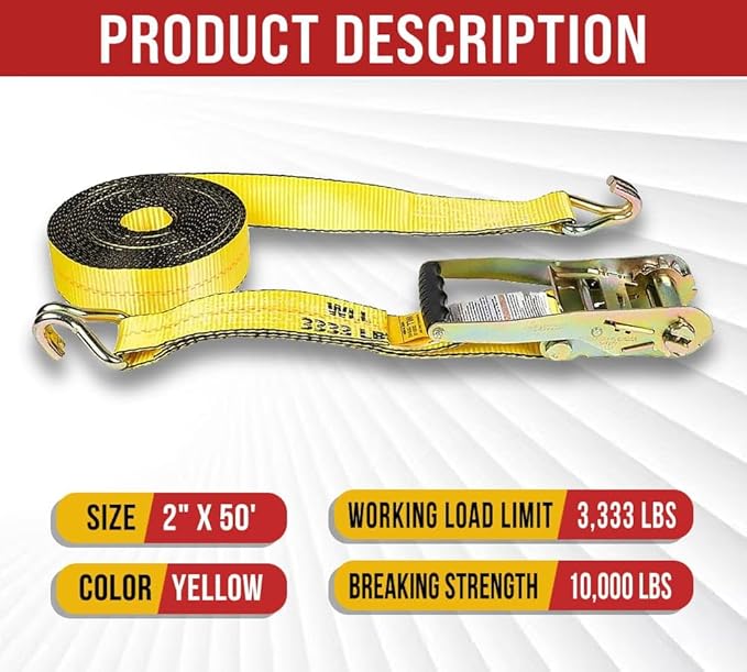 Mytee Products 10 Pack 2 Inch x 50 FT Heavy Duty Ratchet Straps with Double J Hooks | 10,000 lbs. Breaking Strength Yellow Tie Down Straps w/Wire Hooks for Industrial Use, Trailers, Truck & Cargo.