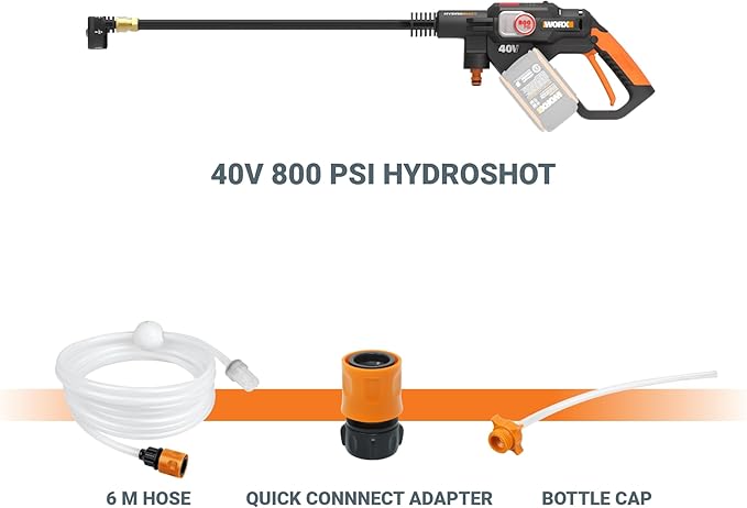 WORX 40V PowerShare Hydroshot, 800 PSI Brushless Portable Power Cleaner, 5-in-1 Nozzle Power Washer, Without Battery and Charger, PowerShare