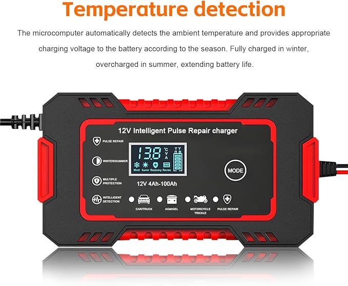 Mandark Car Battery Charger, 12V 6A Smart Fully Automotive Battery Trickle Charger, Portable Vehicle Battery Maintainer Desulfator with Temperature Compensation, Universal for SUV RV Truck (Red)