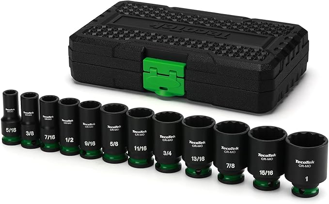 3/8-Inch Drive 12-Point SAE Semi-Deep Impact Socket Set, Mid-Length Socket Set, 5/16-Inch to 1-Inch, CR-MO, Stamped and Ink Filled Size Marking, 12-Piece