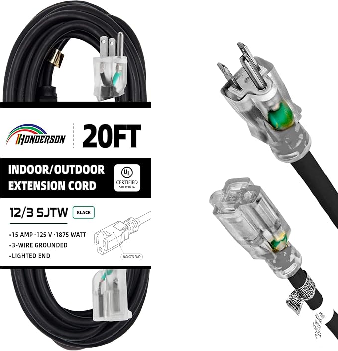 Indoor Outdoor Extension Cord Weatherproof with Lighted End, UL Certified, 12 Gauge 20FT Black 3 Prong Heavy Duty, 12/3 SJTW 15A Power Cord for Outdoor Lights, Lawn