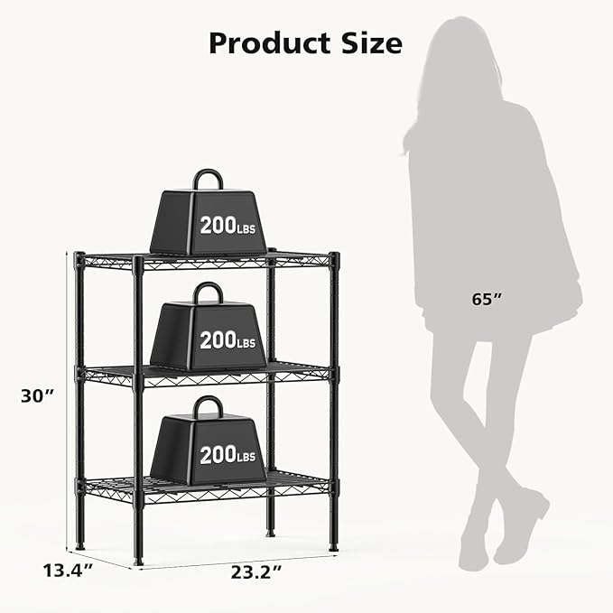 HealSmart 3-Tier Metal Wire Storage Shelves, Adjustable Standing Storage Rack Shelf, Heavy Duty Steel Shelving Unit Organizers for Kitchen Bathroom Pantry Garage, 23.2" W×13.4" D×30.3" H, Black