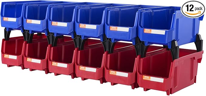 VEVOR Plastic Storage Bins 12 Pack (11 x 5 x 5-Inch), Hanging Stackable Storage Organizer Bins, Heavy Duty Stacking Containers for Closet, Garage, Office, Home, Pantry or Small Parts Organization