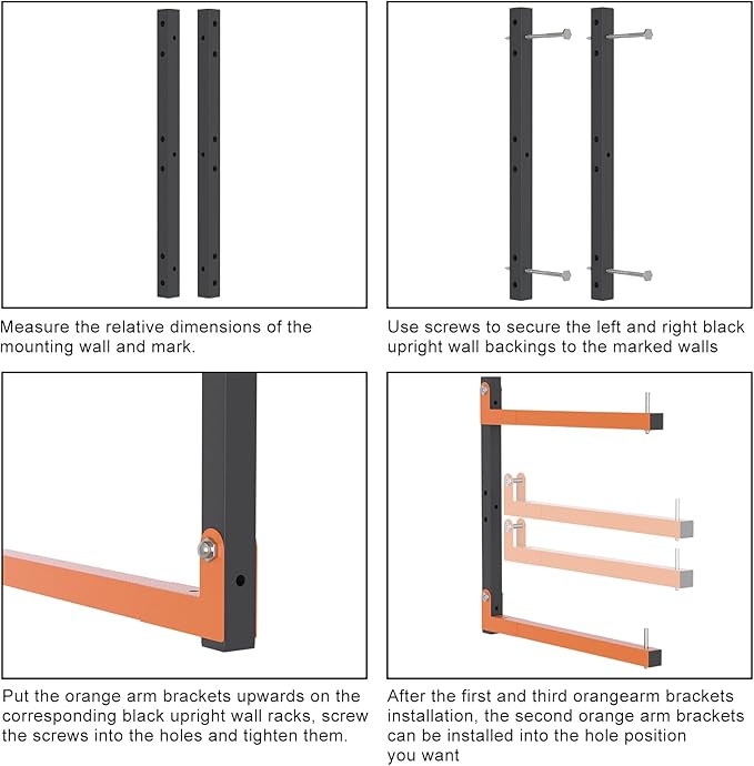 Riciakik Lumber Rack Wall Mount, Lumber Storage Rack, Heavy Duty Wood Storage Racks with 6-Level System, 720 lb Sturdy Garage Wood Organizer, Orange Lumber Metal Racks for Indoor and Outdoor (4 PACK)