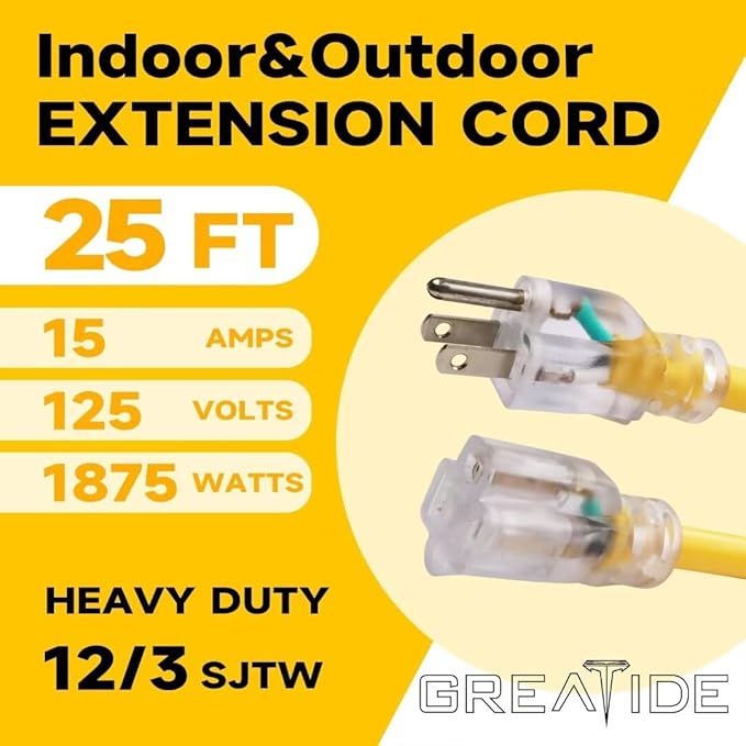 Outdoor Extension Cord with Lighted End, 12 Gauge Heavy Duty Extension Cord 25 FT, 3 Prong Grounded 15 Amp Extension Cord, 12/3 SJTW Waterproof Power Cord for Appliance, UL Listed, Yellow