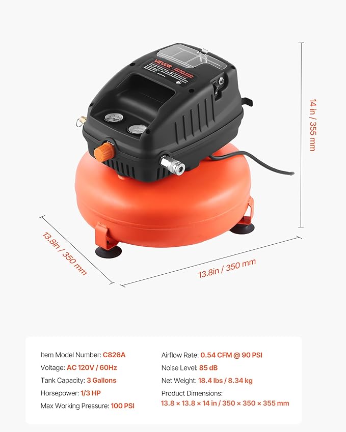 VEVOR 3 Gallon Air Compressor, 1/3HP 0.54CFM @ 90PSI Portable Pancake Air Compressor & 100PSI Max Working Pressure, Oil-Free Compressor Tank for Tire Inflation, Spray Painting, Woodwork Nailing, 120V