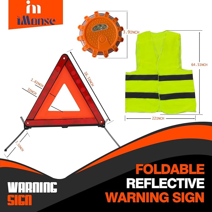 Warning Safety Triangle Kit, Emergency Roadside Warning Reflective Triangle 3 Packs with 2 LED Road Flare Light, Foldable with Storage Case for Roadside Breakdowns Emergenc