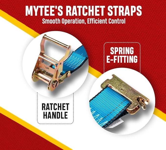 Mytee Products (4 Pack) 2'' x 20' E Track Straps w/Spring E-Fittings - Blue Ratchet Etrack Straps w/Heavy Duty 4000 lbs Breaking Strength for Enclosed Trailers, Trucks & Vans