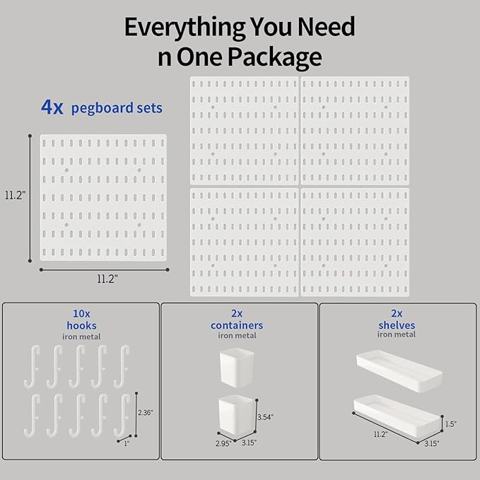 Nafenai Peg Board, Modular Hanging Peg Board Combination Kit with Accessories for Wall Organizer, Crafts Organization, Ornaments Display, Wall Peg Board (22 Inches x 22 Inches, White)