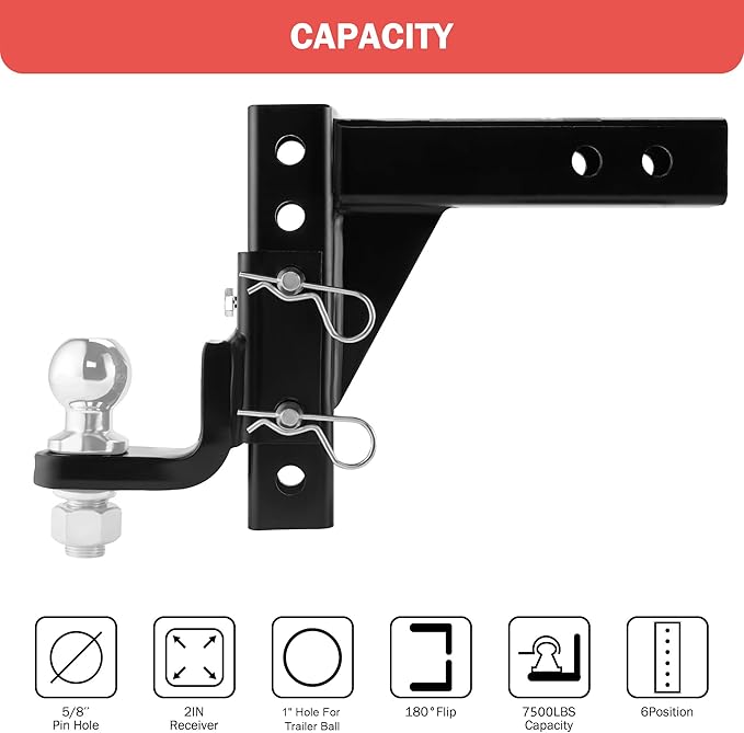 OPENROAD Adjustable Trailer Hitch Ball Mount, Fits 2-Inch Receiver, 1-Inch Hole, 7500lbs, 9-1/2" Drop/ 8-1/4" Rise Drop Hitch, Tow Hitch for Heavy Duty Truck with Secure Screw-in Pin & R-Clip