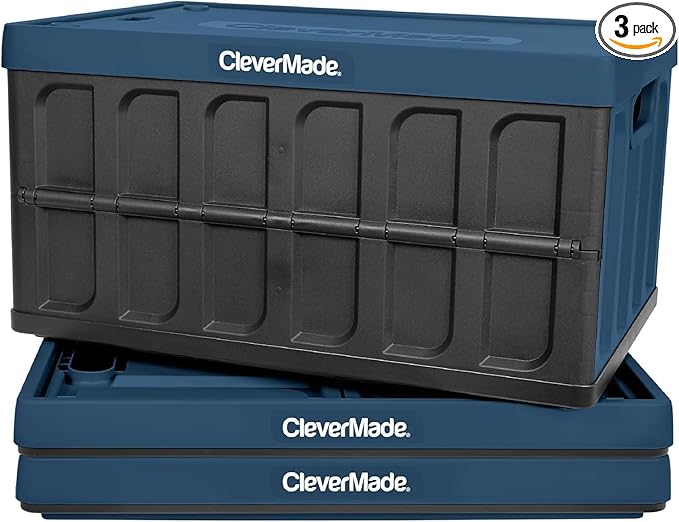 CleverMade Collapsible Storage Bins with Lids (46L, 3 Pack) – Stackable Foldable Plastic Storage Crates for Home, Closet & Trunk Organization - Ocean