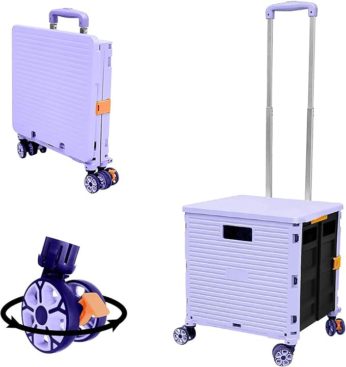 Foldable Utility Cart Folding Portable Rolling Crate Handcart Shopping Trolley Wheel Box with Lid Wear-Resistant Noiseless 360°Rotate Wheel for Travel Shopping Moving Storage Office Use (Purple)