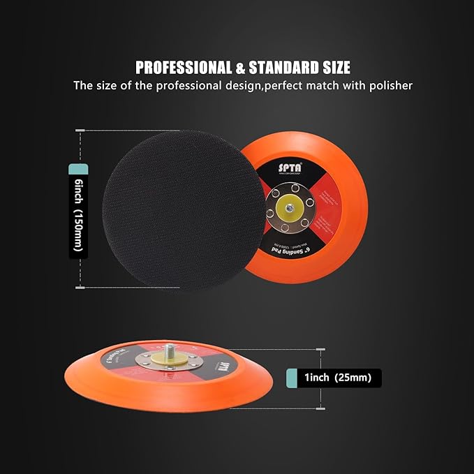 SPTA 6"(150mm) Backing Pad Hook and Loop Backing Plate 5/16"-24 Thread DA Air Random Orbital Sander/Polisher Backing Pad with 6" Interface Cushion Pad for Sanding Finishing Polishing Buffing