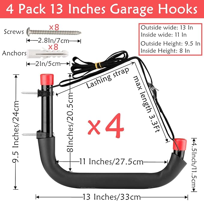 Heavy Duty Garage Storage Hooks, 13 Inch Arm Large Wall Mount Hanger with EVA Protector, Naikozmo Garage Racks & Organizer for Ladders, Folding Chairs, Kayak, Surfboard, Garden Tool Black + Red