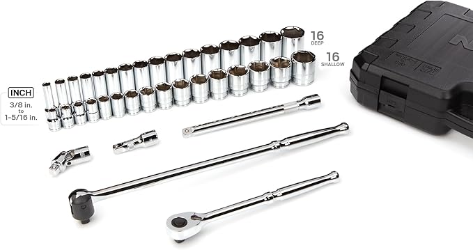 TEKTON 1/2 Inch Drive Shallow and Deep 6-Point Socket and Ratchet Set with Case, 37-Piece (3/8 - 1-5/16 in.) | SKT25101