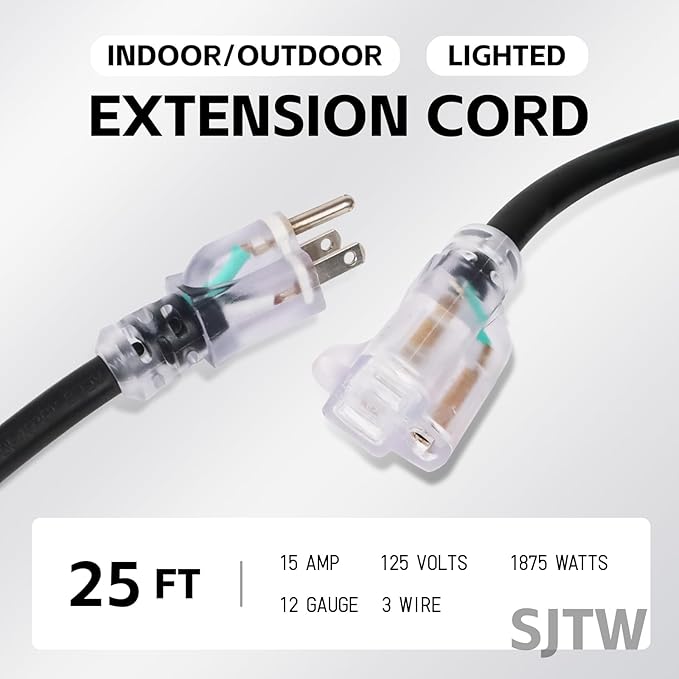 EP 25 Ft Outdoor Extension Cord, 12/3 SJTW Heavy Duty Waterproof Power Cable, 3 Prong Grounded Plug, Lighted End, for Lawn, Garden, Appliances, Black