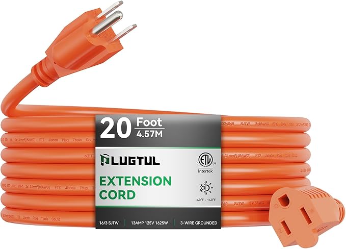 Outdoor Extension Cord 20 FT Waterproof, 16/3 Gauge Heavy Duty 3 Prong Extension Cord, 13A 1625W SJTW, ETL Listed, Great for Garden and Home, Orange