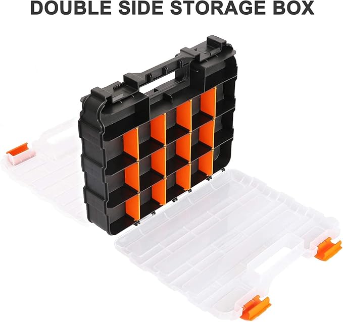 Mayouko Double Side Tools Organizer, Customizable Removable Plastic Dividers, Hardware Box Storage, Excellent for Screws,Nuts,Small Parts, 34-Compartment, Black/Orange,12.6"L x 10.6"W x 3.2"H