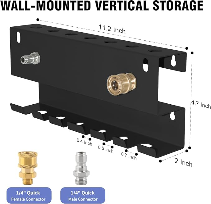 Pressure Washer Gun Holder, Wall Mounted Foam Cannon & Car Wash Accessories Storage Rack for Wand Extension and Nozzle Tips, Fits 1/4" Quick Connector, Black