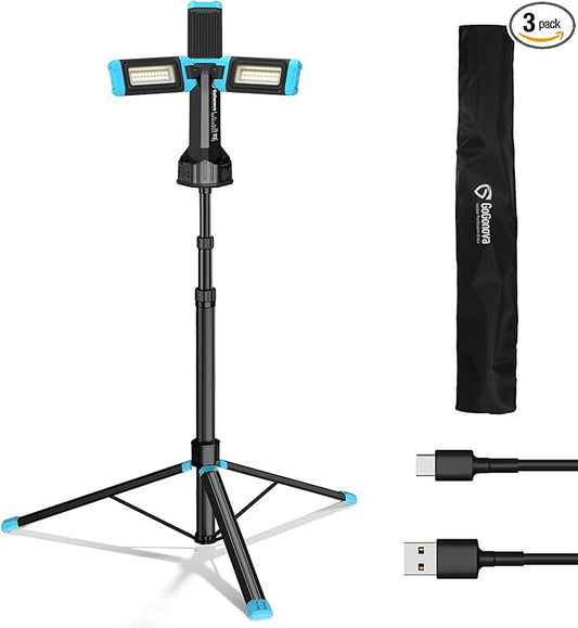 5000 Lumen Work Light with Stand, GoGonova 67'' Rechargeable Cordless Work Light with Triple LED Lamps, 1200/2500/5000 Lumen, 4500/7000K Dimmable Led Work Light Kit with Detachable Tripod