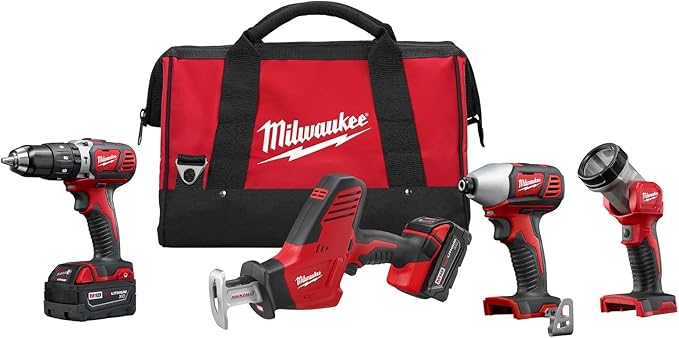 Milwaukee 2695-24 M18 18V Cordless Power Tool Combo Kit with Hammer Drill, Impact Driver, Reciprocating Saw, and Work Light (2 Batteries, Charger, and Tool Case Included)