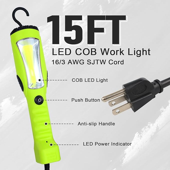 EP 15 Ft LED Work Light, 1200 Lumen COB LED Trouble Light - 16 Gauge SJTW Indoor Outdoor Extension Cord, Handheld, Magnetic Base, Rotatable Hanging Hook - Green