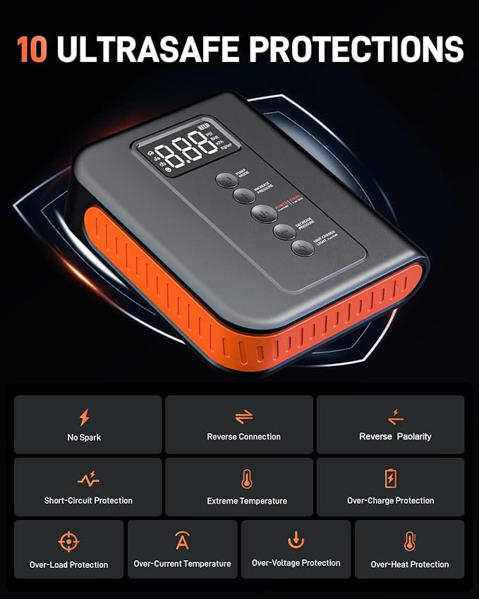 Battery Jump Starter with Air Compressor for Car, 10000mAh Portable Power Pack 150PSI Tire Inflotor, USB Charge, LED Light, for All Gas and Up to 8L Diesel Engines Jumper Box